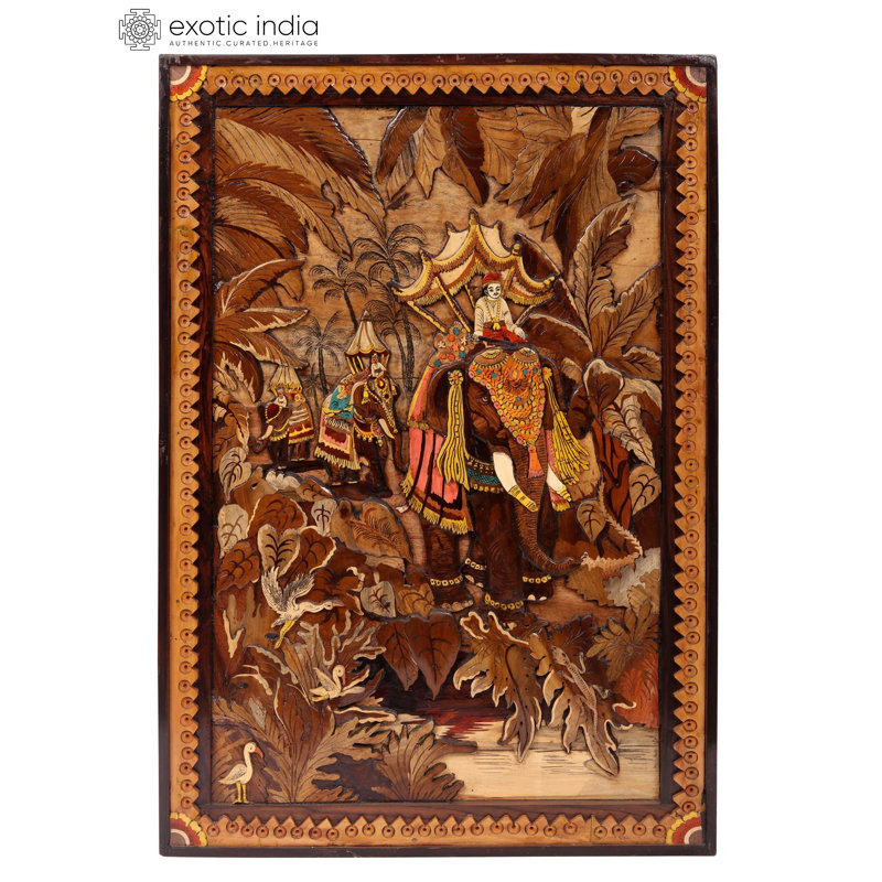 Art mural en bois sculpté à la main à motif d'éléphant royal procession 3D, 19 pouces pour un décor traditionnel et global