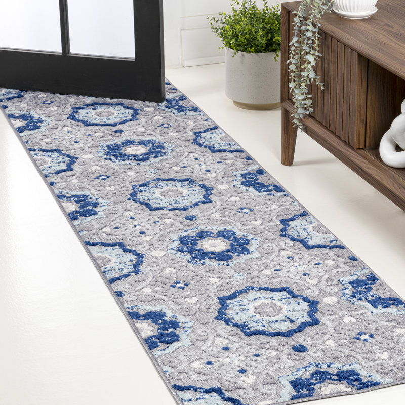 Leto Medallion Blue/Gray Indoor/Outdoor Rug, Runner 2'3" x 10'