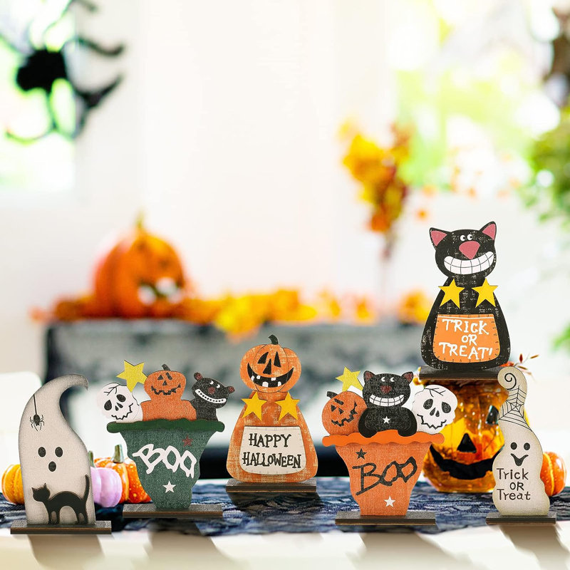 Rustic Wooden Halloween Figurines Set with Black Cat and Pumpkin Monster
