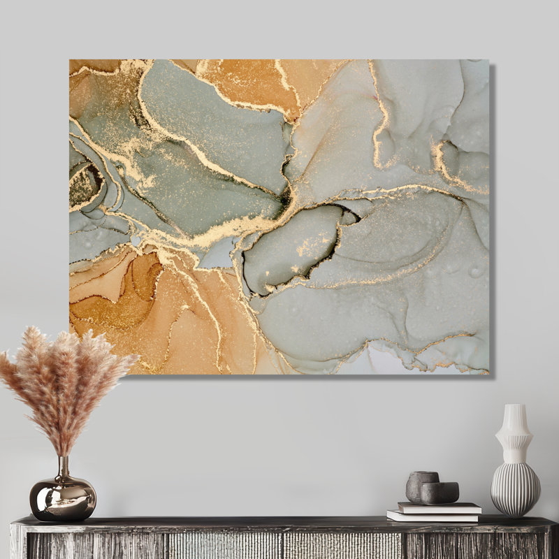 «Brown Luxury Abstract Fluid IV», peinture sur toile, Toile tendue, H 34 po x l 44 po, Sans cadre