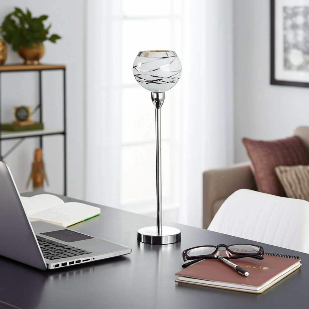 Glam Metal and Aluminum Pillar or Taper Candle Holder with Etched Glass Globe and Sleek Contemporary Design for Decorative Accent and Ambient Lighting in Modern Interiors Wrought Studio™ 