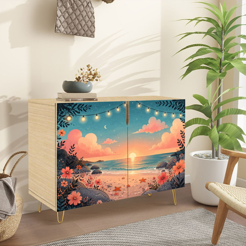 Buffet Buffet avec rangement Sunset Beach Scene Étoile de mer Fleurs suspendues avec 2 portes pour le salon et la cuisine