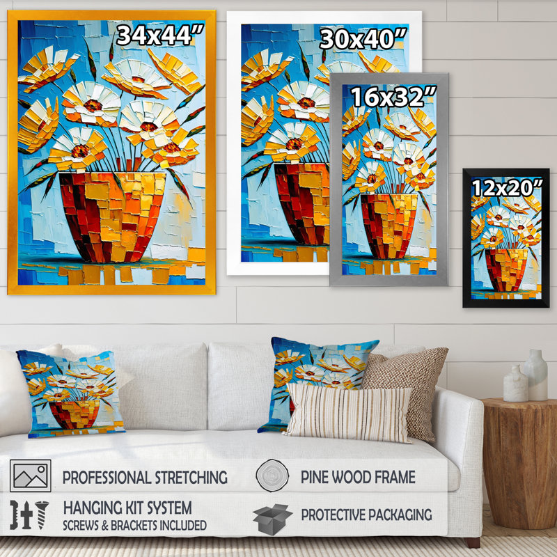 Nature morte avec fleurs blanches sur fond bleu II - reproduction sur toile, H 32 po x l 16 po x P 1 po, Cadre photo noir