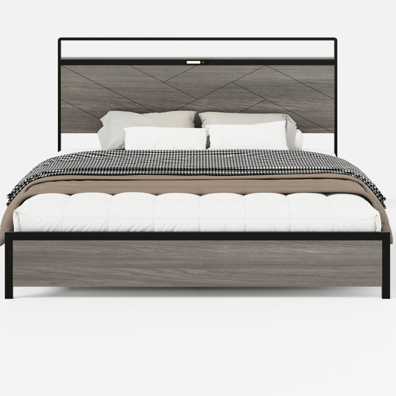 Très grand cadre de lit très grand de couleur gris antique, fabriqué en métal avec des sections en bois, éclairage à DEL et option de charge, capacité de rangement généreuse, grande tranquillité, assemblage simple dans la chambre à coucher