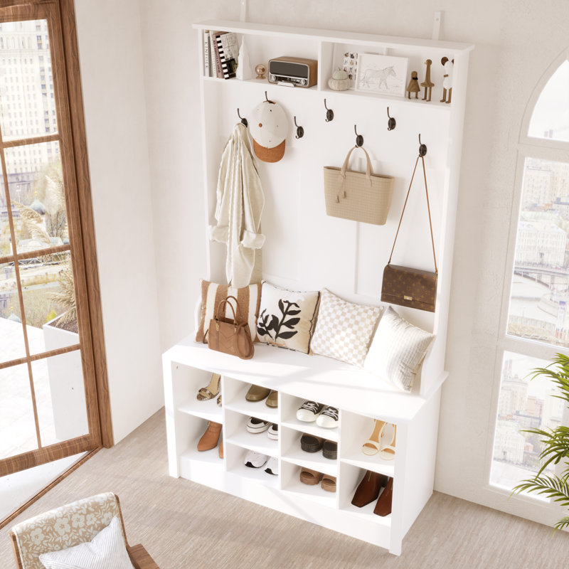 Arbre d'entrée Keasal avec banc et rangement pour chaussures, Blanc