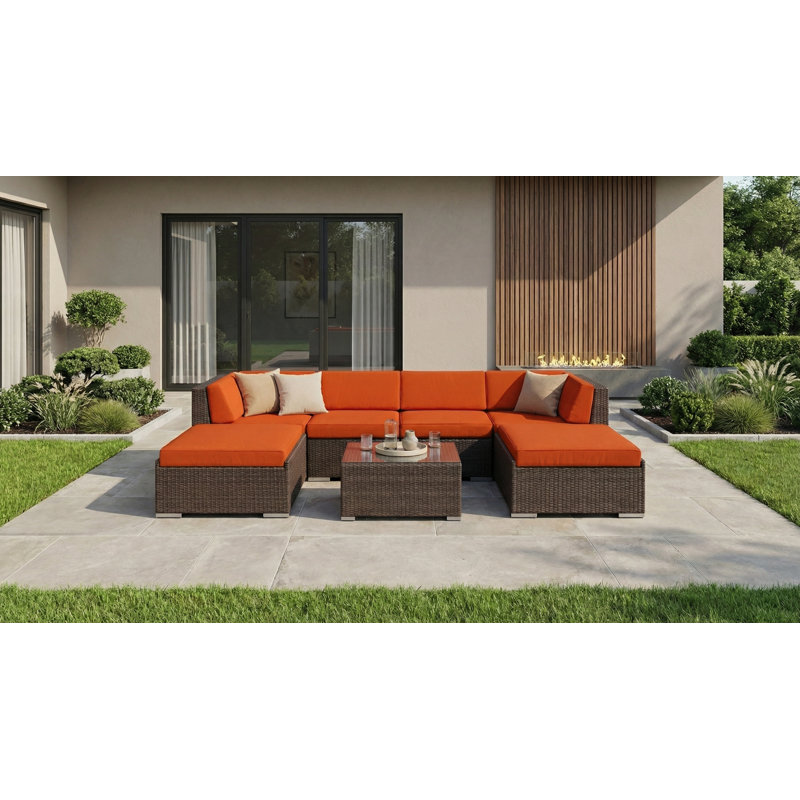 Billyjo Wicker 4 - Person Seating Group with Cushions - No Assembly, Canvas Tuscan Sunbrella® Canvas, Dark Brown