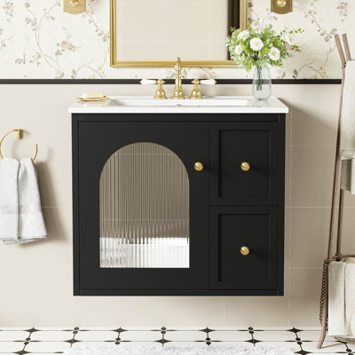 24" Bathroom Vanity Set Wall Mounted for Small Space, Bathroom Cabinet with Ceramic Sink, 2 Drawers and 1 Soft-Close Door