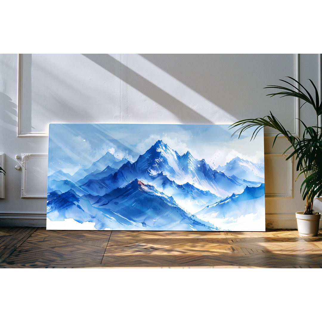 Gerahmtes Bild auf Leinwand 120x60cm Berge Gebirge Blau Weiß Kunstvoll Schnee