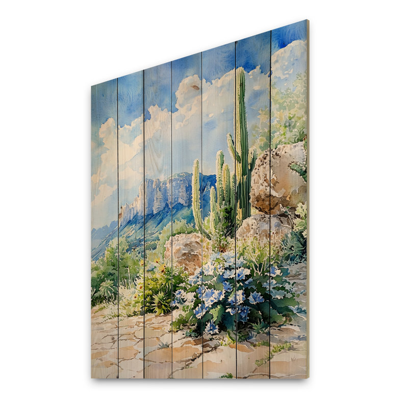 Paysage de désert mexicain - Cactus floral, art mural sur bois de pin naturel, H 20 po x l 10 po