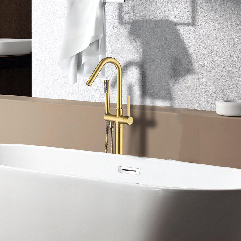 Freestanding Bathtub Faucet With Hand Shower In Gold - Metal Construction, Bathroom Glamour Elegant Finish, For