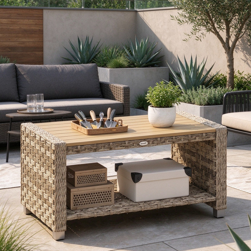 Weather Resistant Rattan Coffee Table with Storage Shelf for Outdoor Living