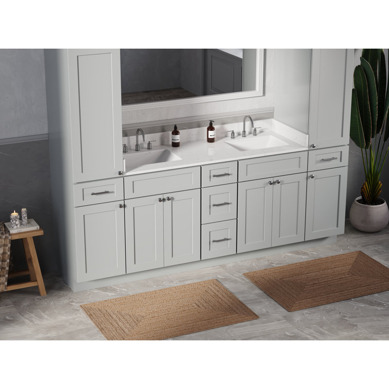 Disar 90'' Double Bathroom Vanity With Linen Tall Cabinet Shaker Dovetail Solid Wood Drawer Carrara Quartz Top, Gray