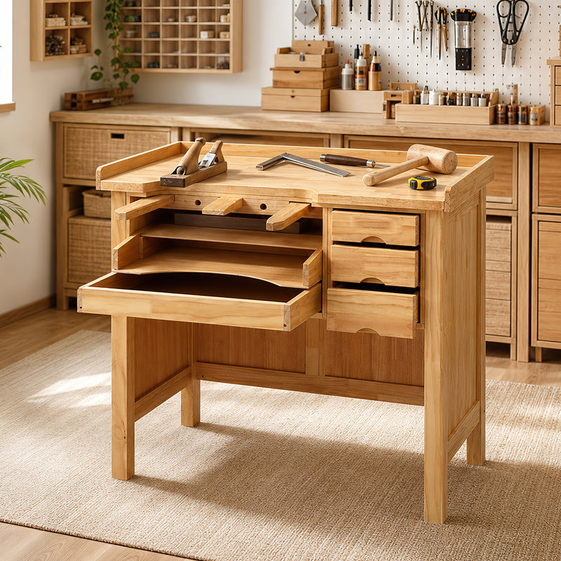 Banc de travail 39 po en bois d'hévéa robuste avec 5 tiroirs pour garage d'atelier