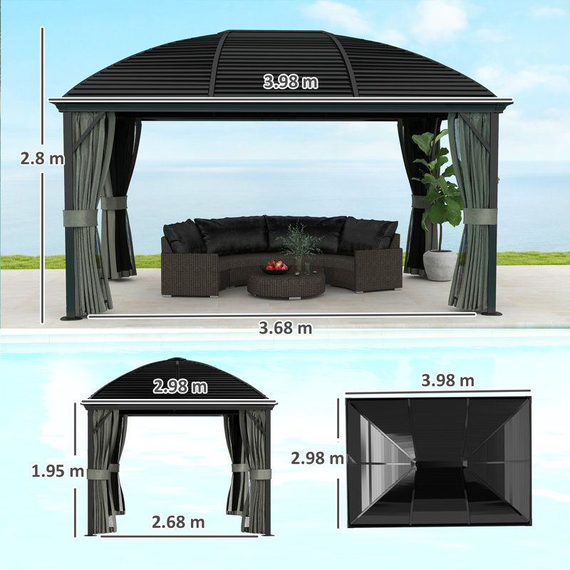 3 X 4m Dark Grey Hardtop Gazebo, Metal Roof Permanent Pavilion With Aluminium Frame, Mosquito Netting And Privacy Curtains For Garden Patio Bbq Gatherings