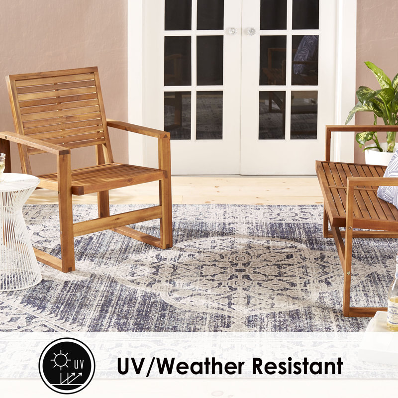 Navy Blue and Ivory Medallion Indoor/Outdoor Area Rug