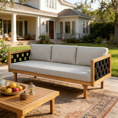 Lit de jour à trois places pour l'extérieur - Structure en bois d'acacia au fini teck avec coussins et corde plate noire, canapé de patio pour terrasse de jardin