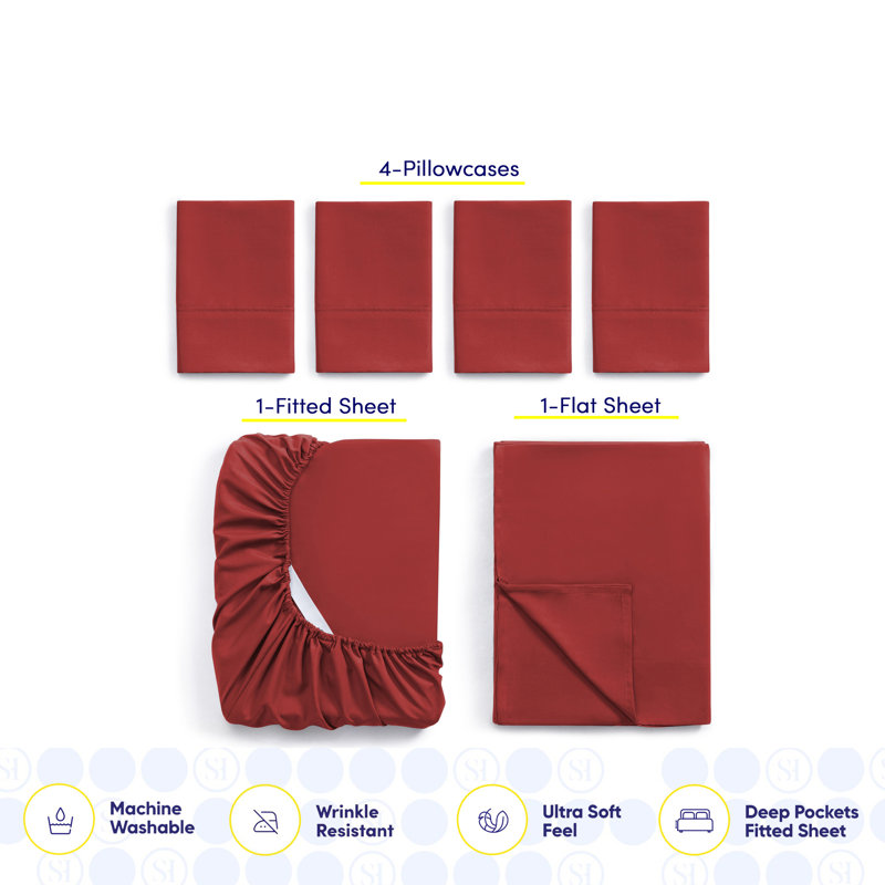 Ensemble de draps luxueux en microfibre douce avec taies d'oreiller en prime, Rouge samba, Double