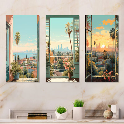 Vintage Los Angeles Windows View I - Window Wall Art Living Room Set Of 3