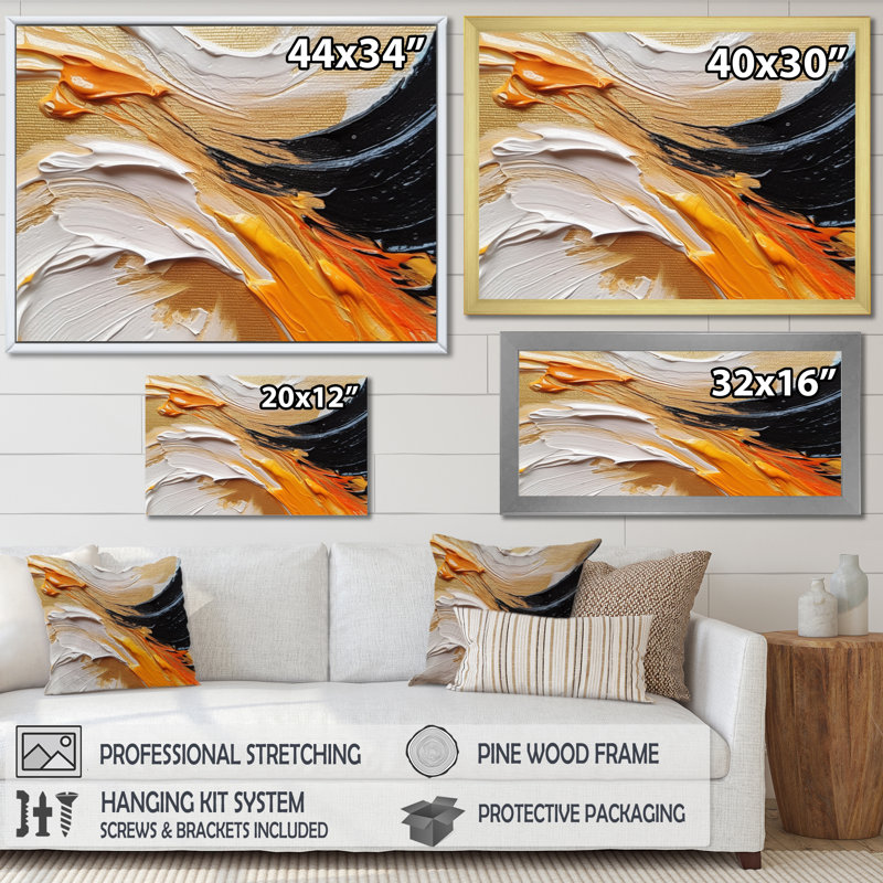 «Orange» et «Mystic Spirals» orange et noir, Cadre flottant noir, H 12 po x l 20 po x P 1 po