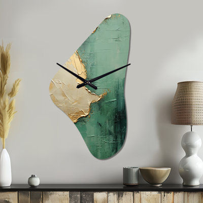 Tralyn Gold And Green Paint Fusion II - Abstract Painting Irregular Shape Metal Clock, Beige Asymmetrical Metal Clock Print
