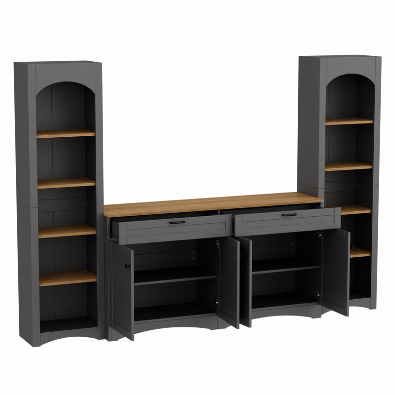 3-Piece Mid-Century Storage Cabinet Set With Bookshelf And Adjustable Shelves, Grey
