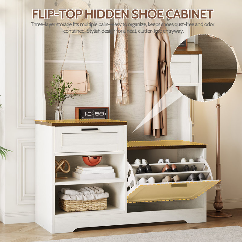 Hall Tree with Bench and Shoe Storage, 6-in-1 Hall Tree, White+Walnut