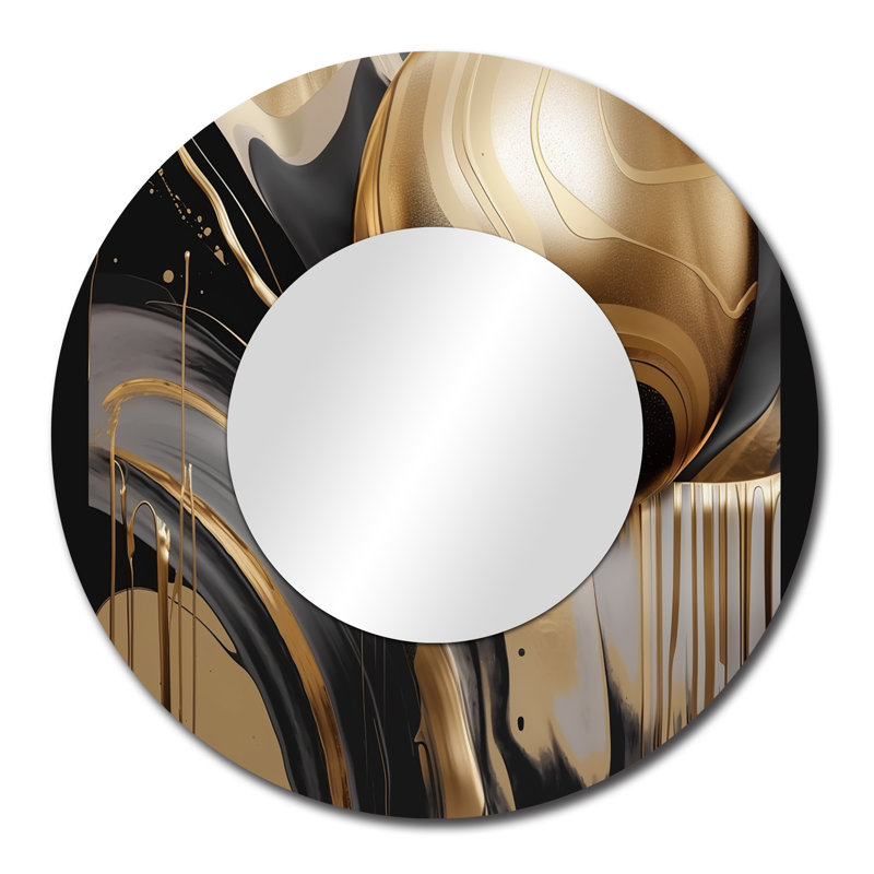 Rabush Gold And Black Captivating Marble IV - Marble Wall Mirror, Modern Round Decorative Mirror, Printed Metal Art