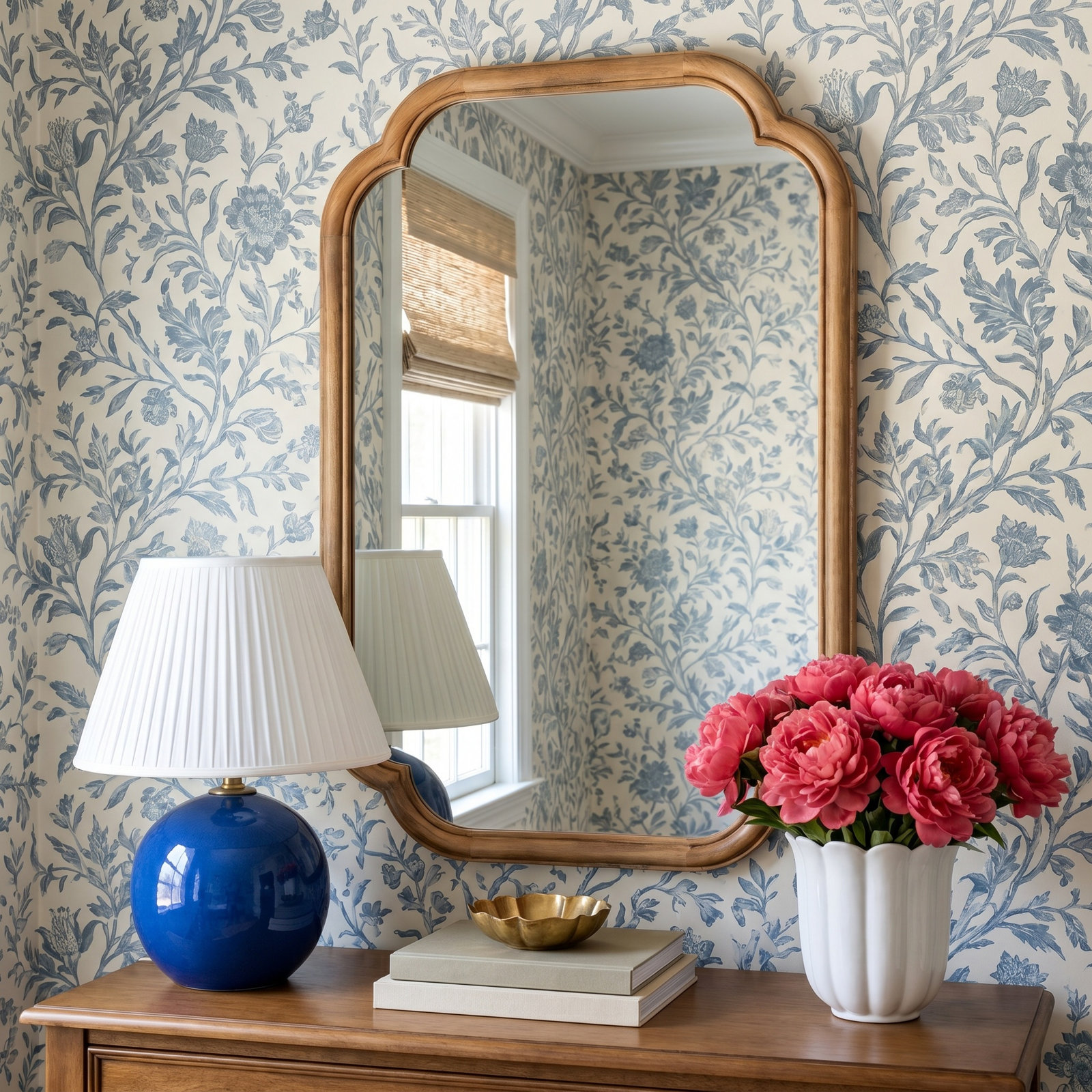 Brandis 34" Accent Mirror, 36" x 24", Scalloped, Walnut