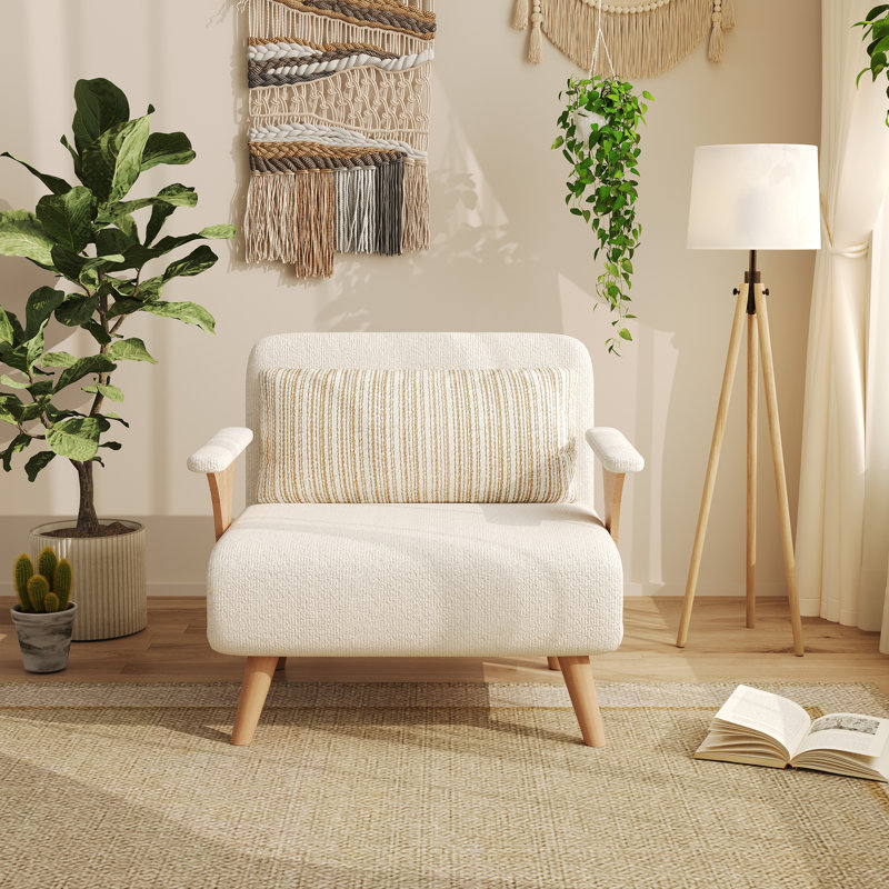 Canapé-lit 3 en 1 en coton et lin beige avec pieds en bois massif et coussin, L 39,37 po