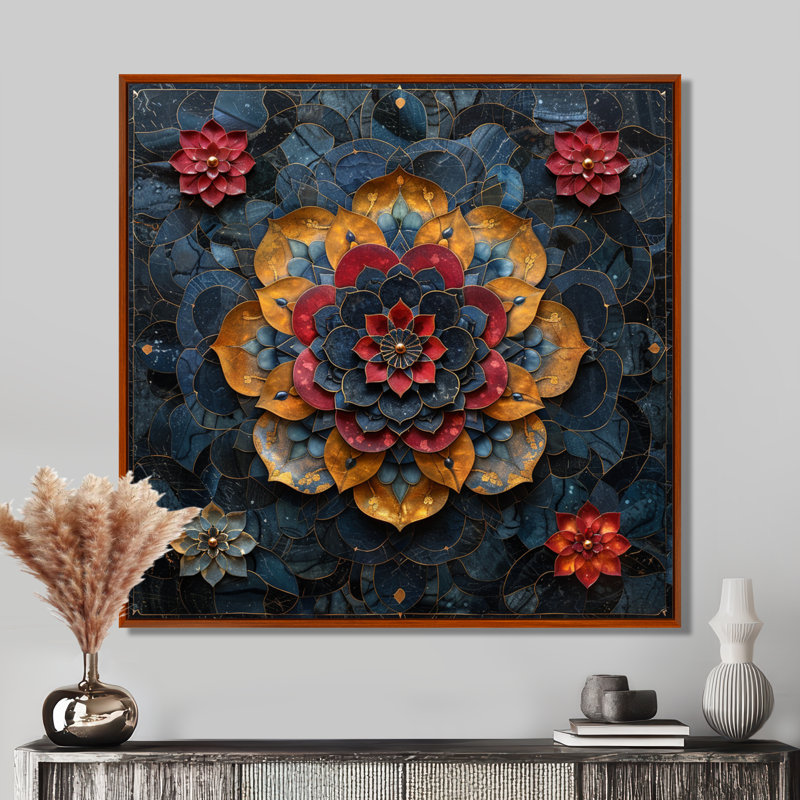 Fleur de lotus rouge, pétales dorés - mandala boho, H 30 po x l 30 po x P 1 po, Toile avec cadre flottant brun