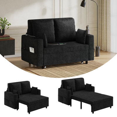Canapé-lit convertible 56 po 3 en 1 avec porte-gobelet, port USB et poche latérale, causeuse moderne avec coussins décoratifs pour le salon ou la chambre à coucher, noir