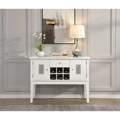 Desserte blanche de style contemporain simple, faux cristaux de cristal, pieds Kd, glissière de tiroir latérale en métal 1/2 extension, doublée de feutre, verre trempé de 7 mm, bande magnétique de porte, finition ultrabrillante, facile à