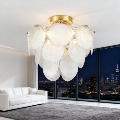 Mid Century Modern Flush Mount Chandelier Ceiling Light Fixture With Gold Frame And White Opal Glass Shade For Living Room Bedroom Kitchen Entryway