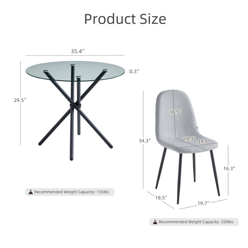 Huebner 35.4" Round Glass Dining Table And 4 Upholstered Dining Chairs For Kitchen, Dining Room, Living Room, Gray