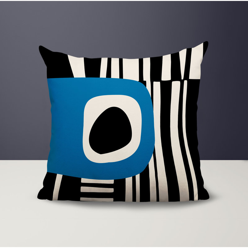 Oreiller carré réversible intérieur / extérieur Jina, H 19 po x l 19 po, Turquoise / noir / blanc cassé abstrait