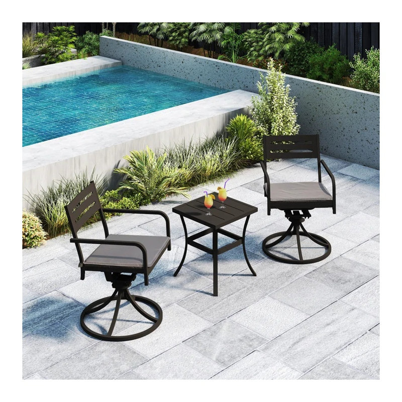 Gray Metal Outdoor Swivel Patio Conversation Set with Square Side Table - 2 Armchairs