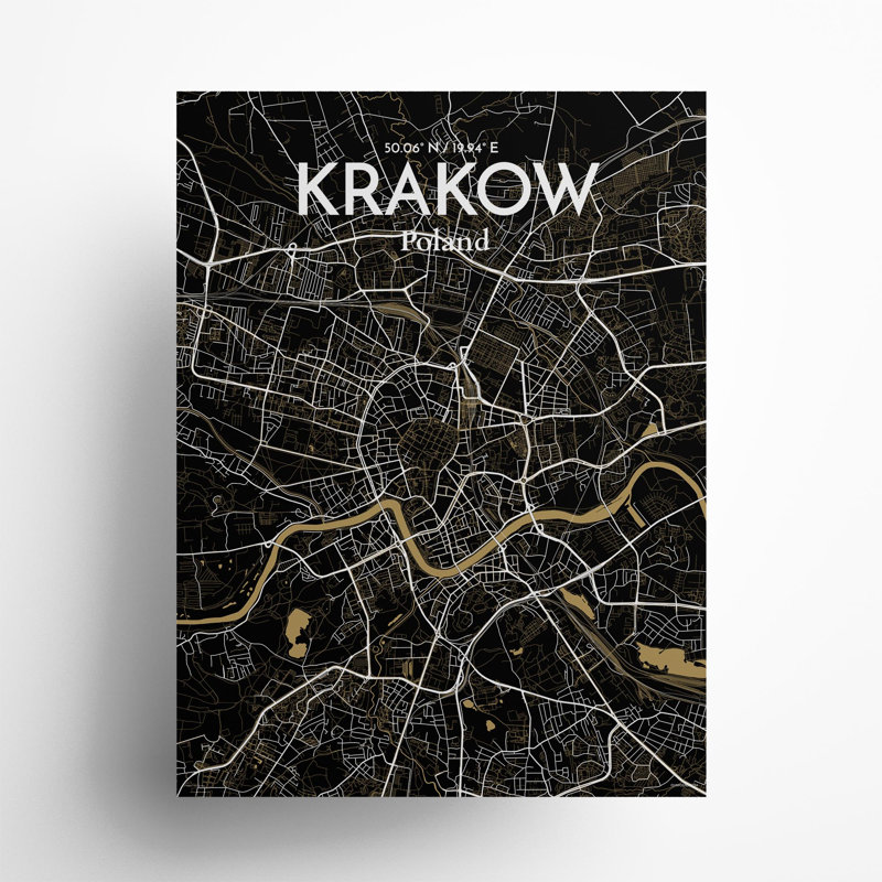 «Krakow City Map», impression de luxe, H 24 po x l 18 po, Noir et or