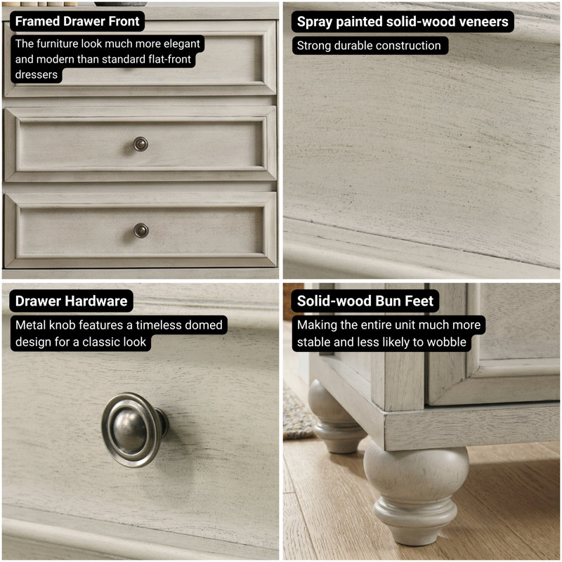 Caskey 54.8" W Traditional Solid Wood 6-Drawer Double Dresser, Antique White