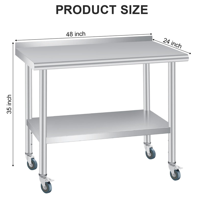 Table en acier inoxydable pour la préparation et le travail, table commerciale robuste avec tablette réglable, dosseret et 4 roulettes pour le restaurant, la maison et l'hôtel