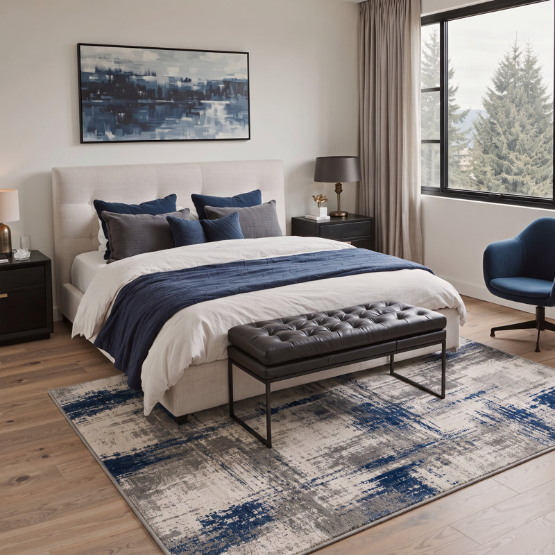Tapis ivoire / bleu marine lavable à la machine avec envers antidérapant, Rectangle 5 pi x 7 pi