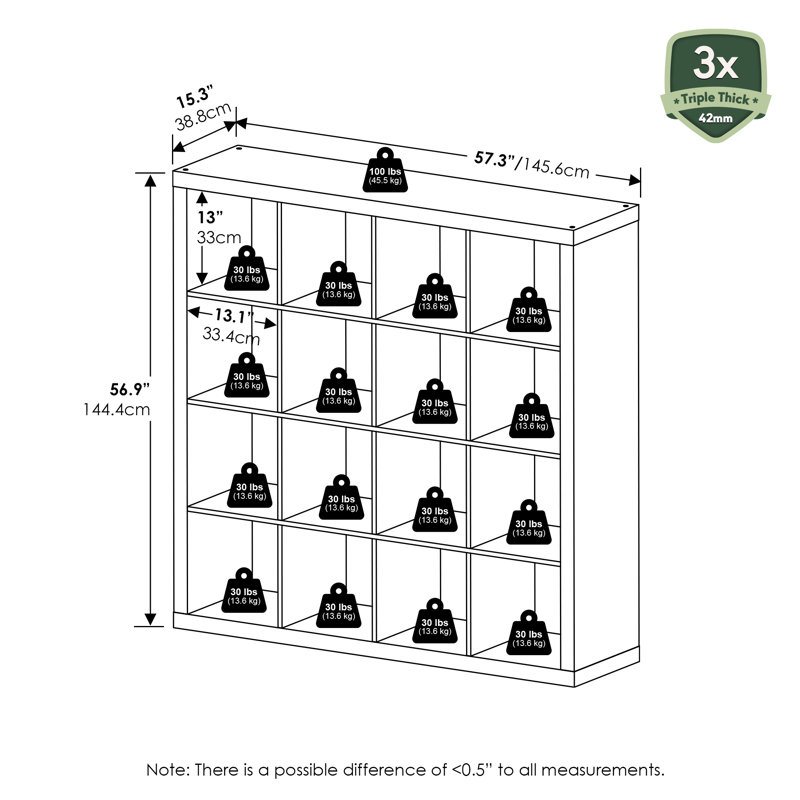 Organisateur de rangement cubique, Chêne foncé, (16 tablettes) H 56,85 po x l 57,4 po x P 15,35 po