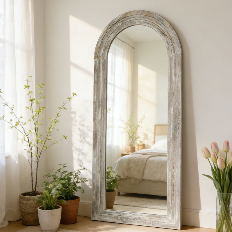 Arched Full-Length Mirror - Solid Paulownia Wood Frame, Rustic Whitewashed Finish, Multi-Size Options, Wall-Mounted Or Leaning For Bedroom, Living Room, Closet