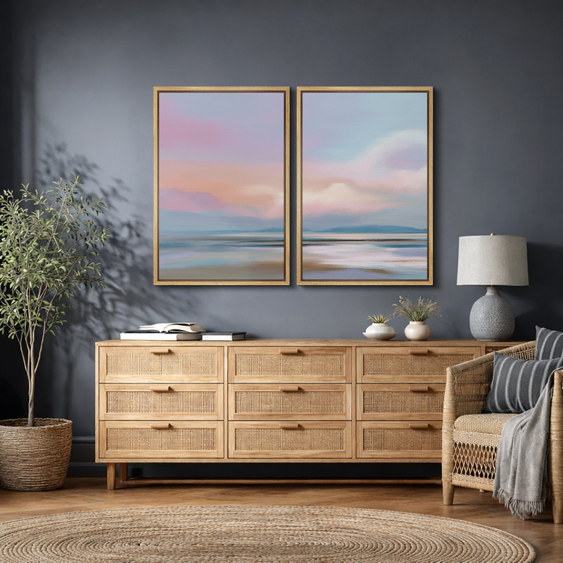 «Pastel Sunset Seascape», images de chambre à coucher côtière sereine, impression sur toile encadrée, 2 pièces, Cadre naturel