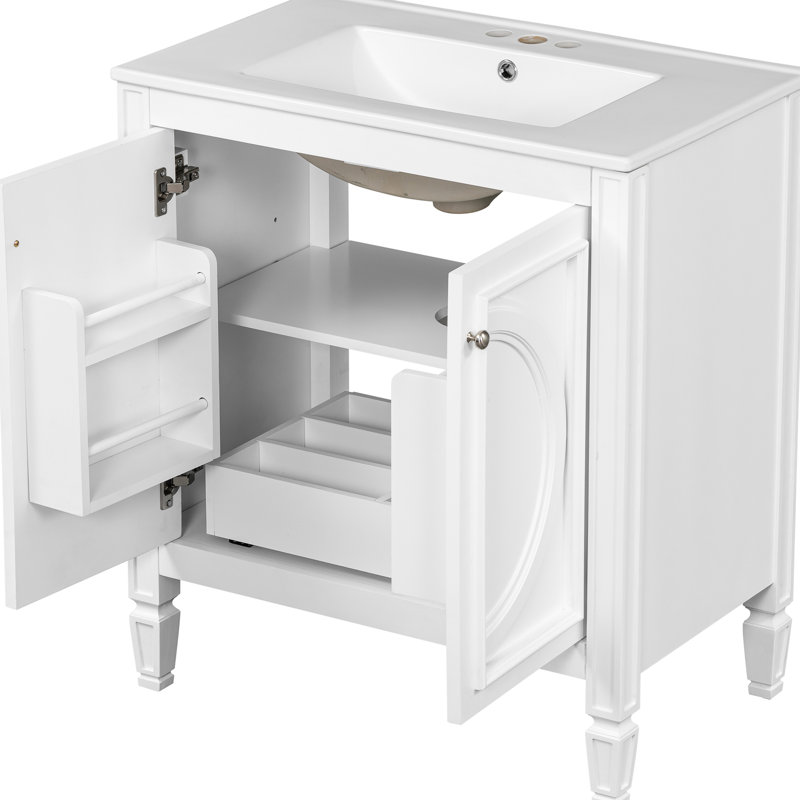 Meuble-lavabo de 60 po avec lavabo double, bois massif et construction, métal céramique imperméable, rangement réglable, charnières à fermeture en douceur, style rétro