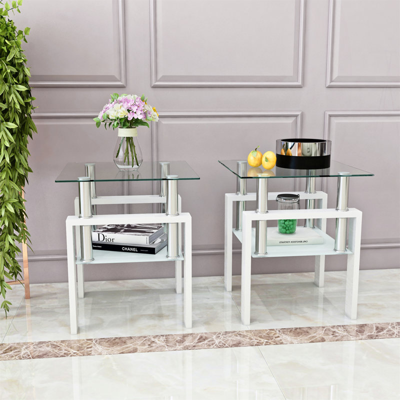 Ensemble de 2 tables basses, 20.5" H x 17.72" L x 17.72" W, Transparent / Blanc