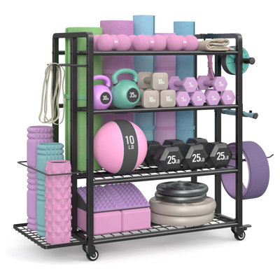 4-Tier Adjustable Dumbbell Rack Stand with Wheels and Hooks, Holds 400 lbs, Multi-Gym Storage Organizer