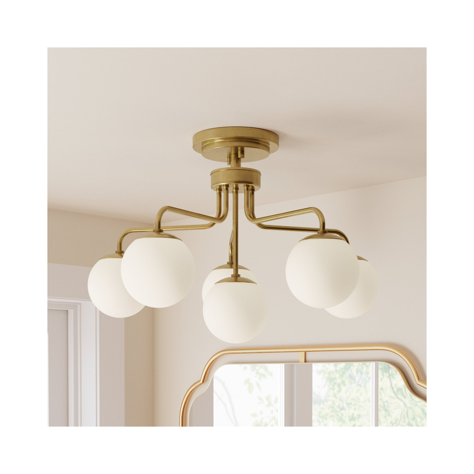 Chemise 6 Light Glass Semi Flush Mount, White, Brass