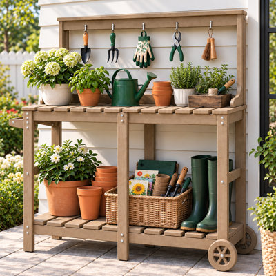 Outdoor Potting Bench with Wheels, HDPE Garden Work Table with 2-Tier Storage Shelves and Tool Hooks, All-Weather Potting Station for Patio, Garden, Backyard, Brown
