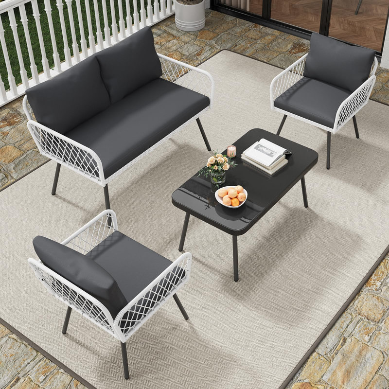 Ensemble modulaire d'extérieur fabriqué à la main en osier gris 4 pièces - Canapé modulaire de patio avec structure en métal et table basse pour la cour, le jardin ou la piscine