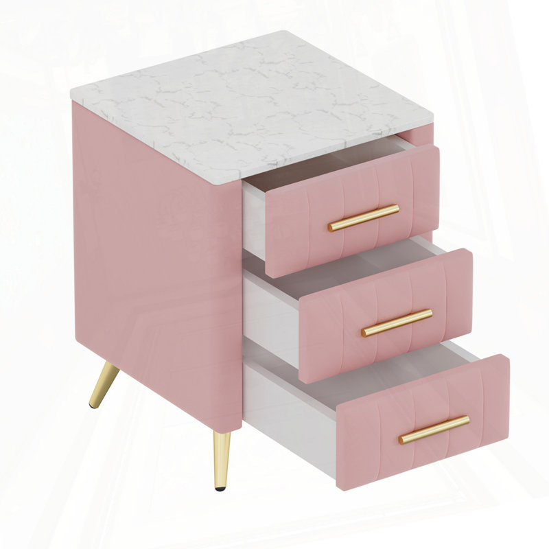 Table de chevet rembourrée en bois avec 3 tiroirs et pieds et poignées en métal, table de chevet avec plan de travail à autocollants marbrés